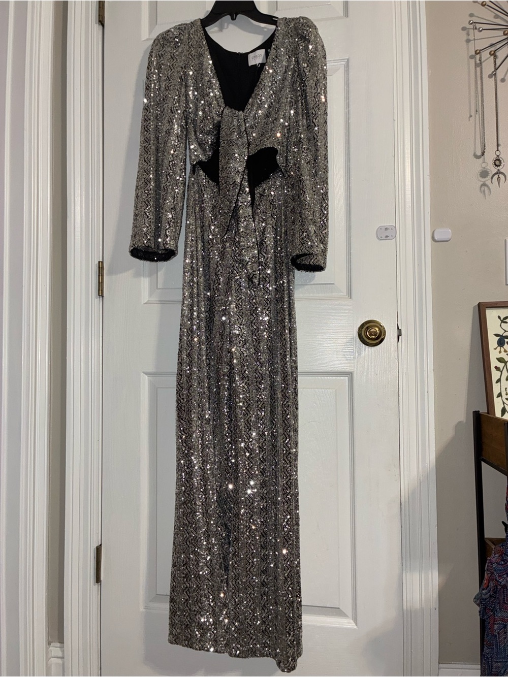 Silver Sequin Long-Sleeve Jumpsuit with Front Knot